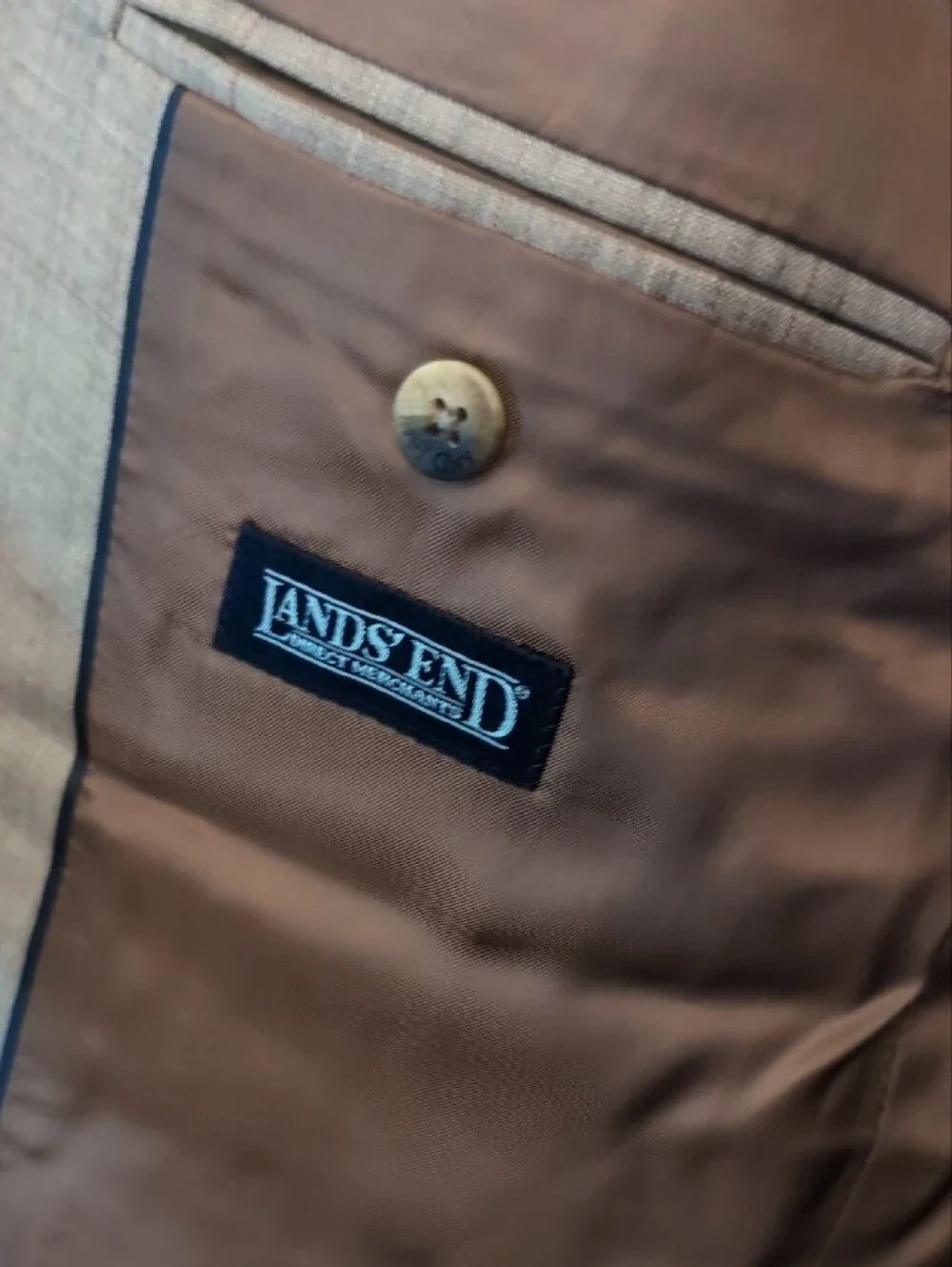 Lands End E.Thomas Super 130s Wool Suit 41R 36R Tan Plaid Italy Fabric Portugal